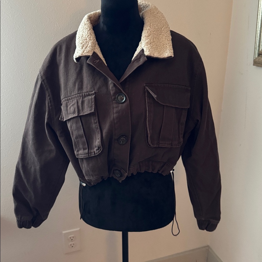 Stoosh Vintage Denim Women's Brown cropped Jacket Sherpa collar & lining Sz XL